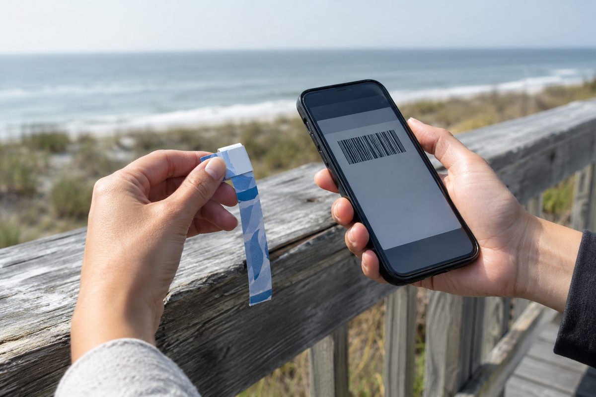 Hands holding a paper wristband and a phone with an unreadable ticket barcode, resting on a weathered wooden boardwalk railing in daylight.