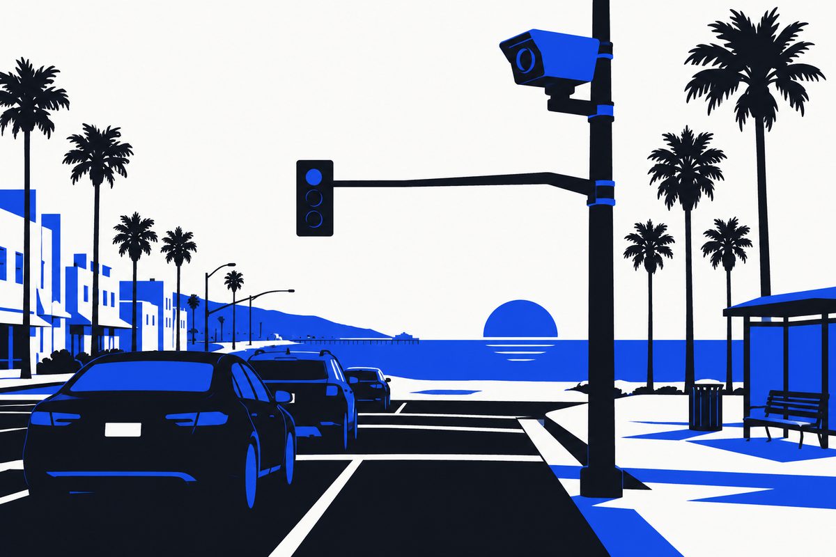 Illustration: a red-light camera on a signal pole above a Santa Monica intersection at dusk, the camera housing lit by the sunset, cars waiting at the line, palm trees and a bus bench, no people close up, no text
