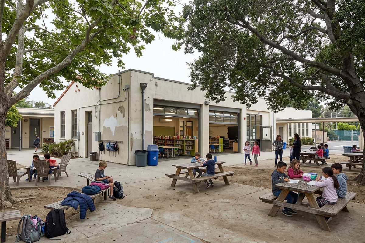 Photo illustration: A renovated public elementary school library in Santa Monica, seen from its historic central courtyard garden. Large roll-up overhead doors stand open on its sides, showing low bookshelves and work tables inside. Old mature trees shade outdoor classroom seating in the courtyard. It's an overcast weekday morning under a coastal marine layer, in flat, even daylight. No text, signs or logos appear in the picture.