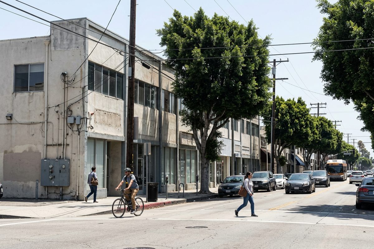 Low-rise office buildings on a Santa Monica street at midday, with people walking past on the sidewalk, illustrating a story about Santa Monica climate venture firm Pulse Fund.