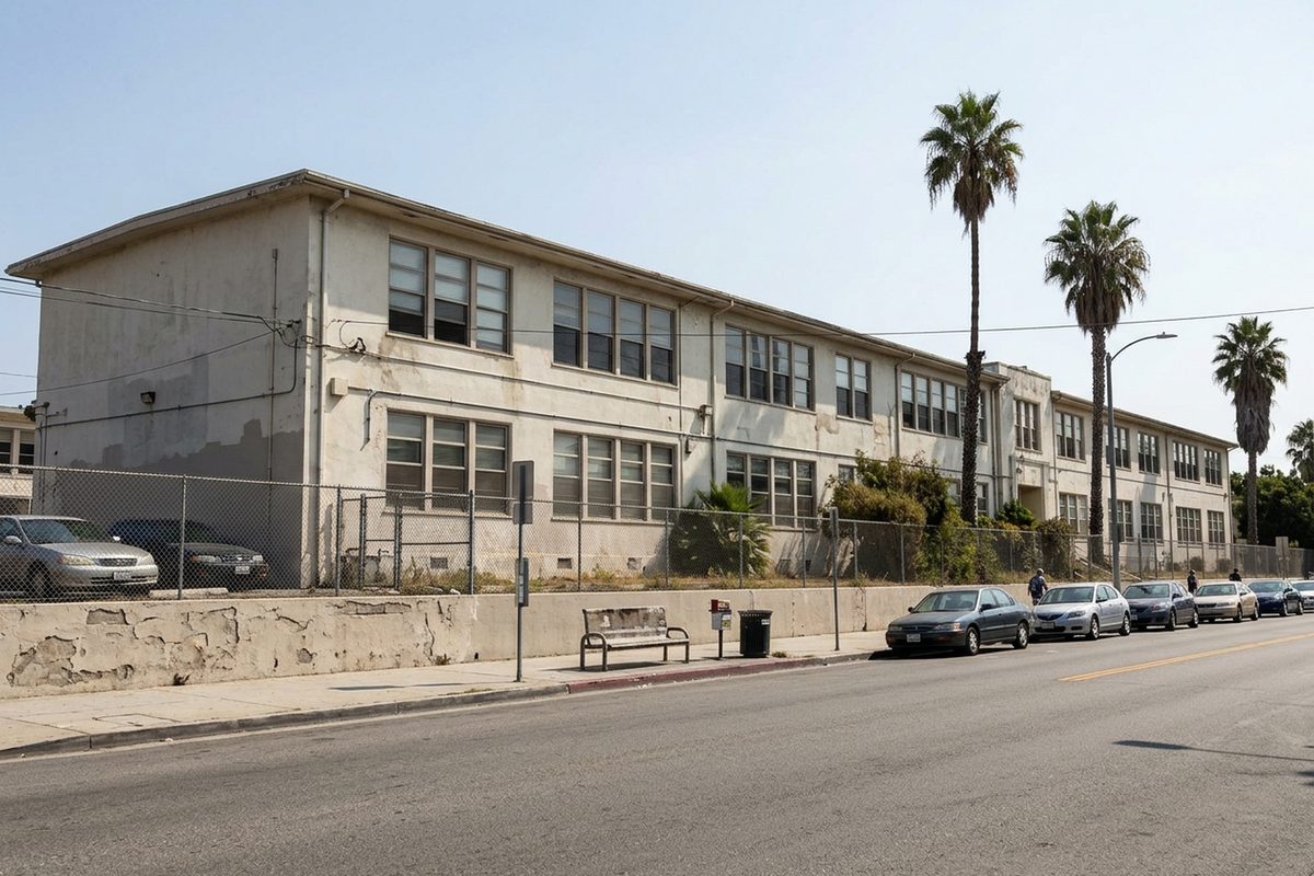 Photo illustration: The street front of a public high school campus in Santa Monica, California, on a school-day afternoon in early fall: a long two-story stucco classroom building with rows of windows, a low wall and chain-link fence along the sidewalk, and a few palm trees against a pale sky, under hard midday sun with short shadows. Seen from across the street at standing eye level, the whole building in focus, no people. No text, signs or logos anywhere in the picture.