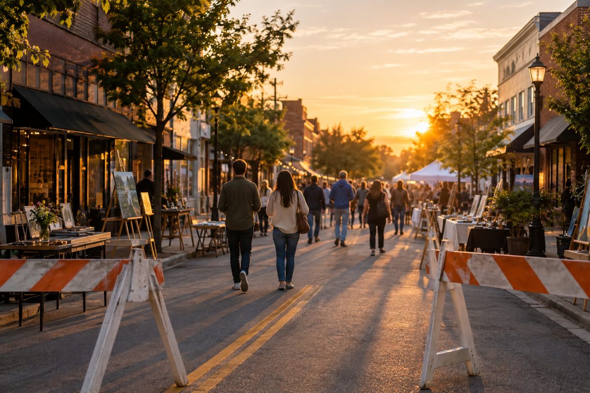 A commercial street closed to traffic at golden hour, with sawhorse barricades at the curb and people walking in the roadway, seen from behind.