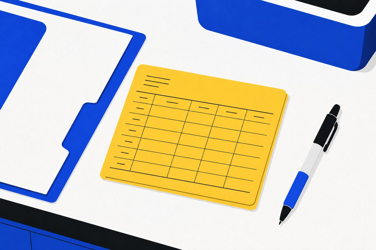 Illustration: flat editorial illustration, brand palette — a yellow paper immunization record card lying on a clinic counter beside a school enrollment folder and a ballpoint pen, overhead view, no text legible, no logos, no people, no identifiable building