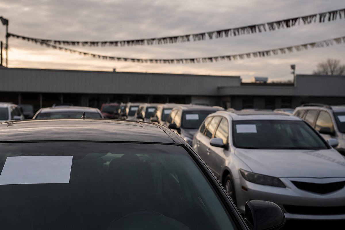 Rows of used cars parked on an unnamed dealership lot at dusk, with empty price flags and no visible signage or people.