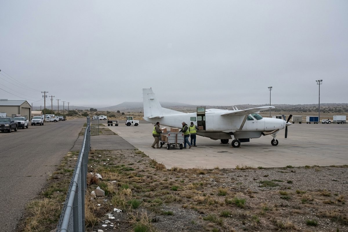 A white single-engine cargo plane like a Cessna Caravan on a gray, overcast airport ramp at dawn as ground workers load freight through its side door.