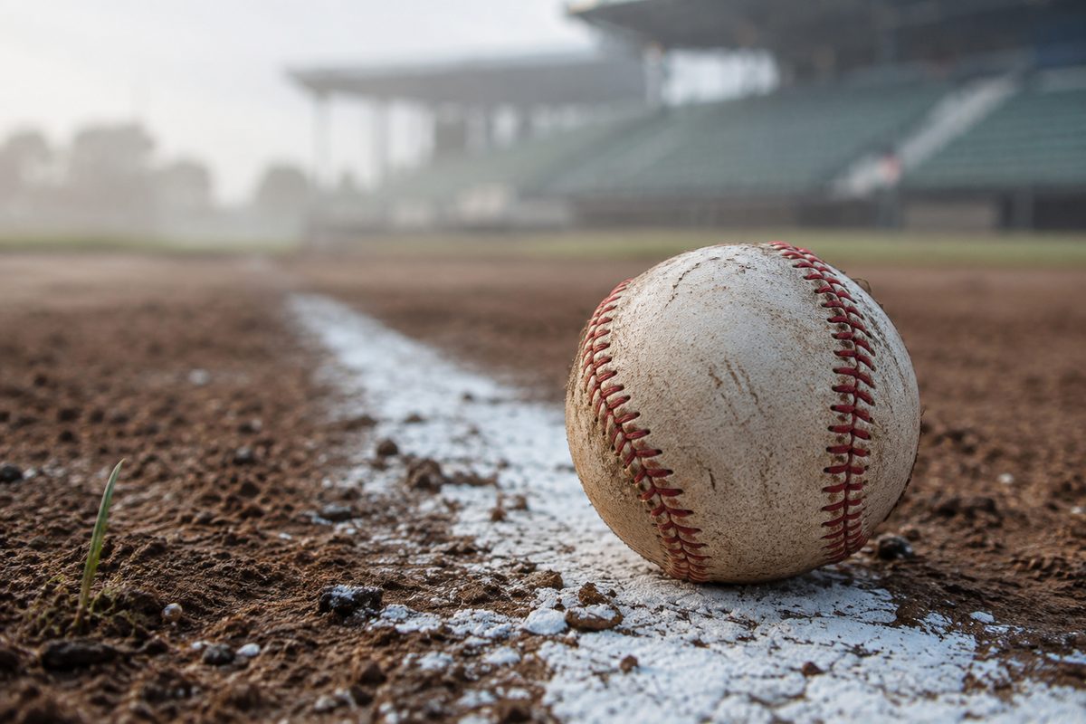 Extreme close-up of a scuffed leather baseball resting against a white chalk line on infield dirt, early morning haze behind it.
