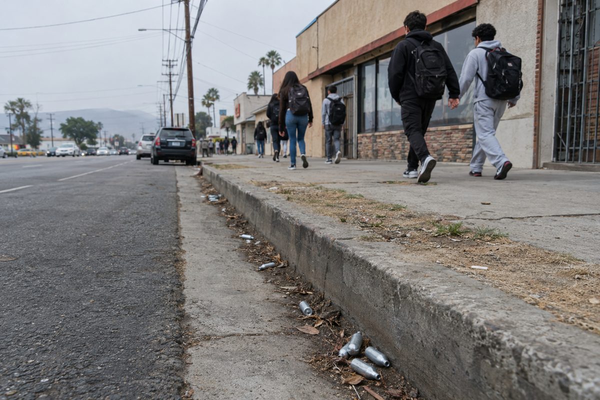 Small silver nitrous oxide canisters in a Pacoima gutter as students with backpacks walk past storefronts on an overcast morning.