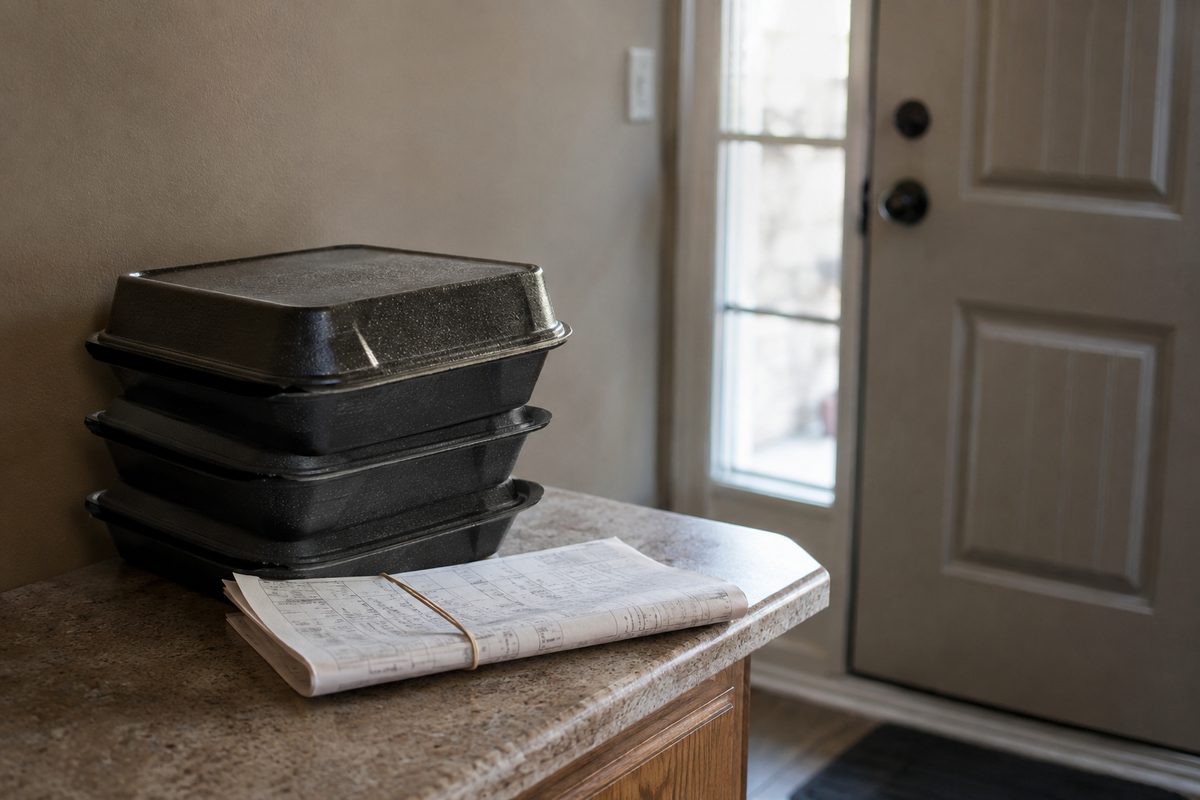 Photo illustration: stacked insulated meal-delivery trays and a folded paper route sheet on a bare kitchen counter beside a closed front door, morning light, no people, no faces, no logos, no business names, no street signage