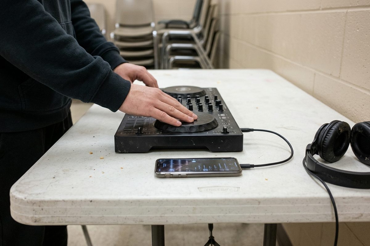Hands on the jog wheel of a two-deck DJ controller connected by a USB-C cable to a smartphone on a folding table under fluorescent light.