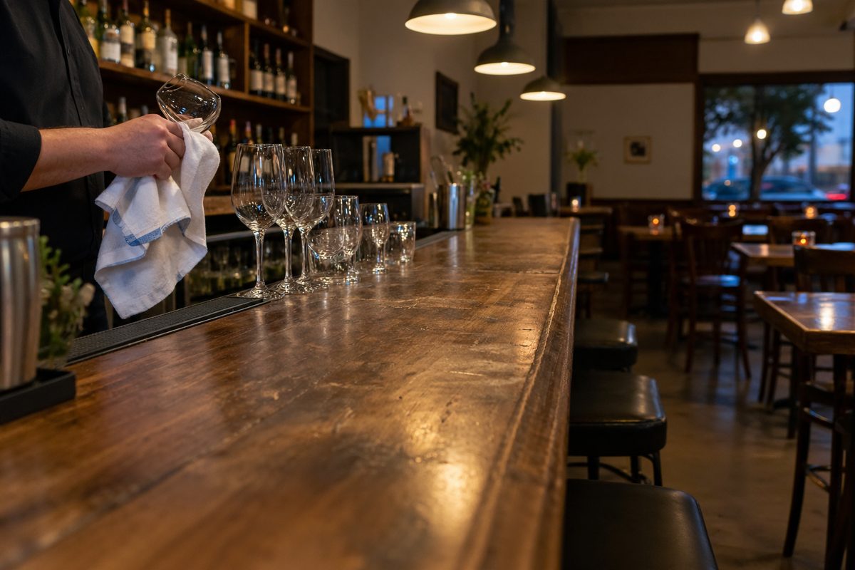 A worn wooden restaurant bar counter with empty stemmed glasses and a bartender's hands drying a glass under pendant lights.