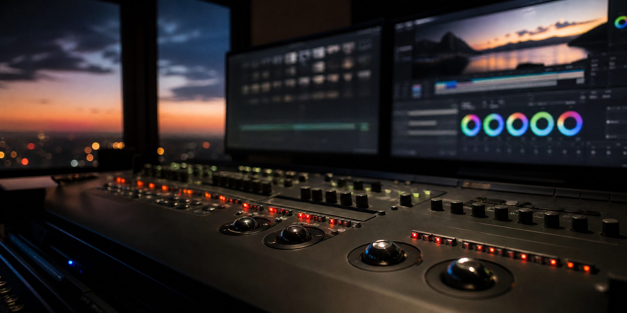 A dimly lit editing-suite control surface at dusk, with faders, trackballs and dials in shallow focus, unreadable monitor glow behind it.
