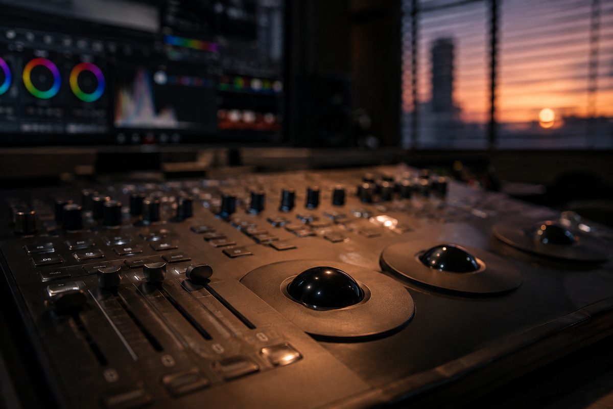 A dimly lit editing-suite control surface at dusk, with faders, trackballs and dials in shallow focus, unreadable monitor glow behind it.