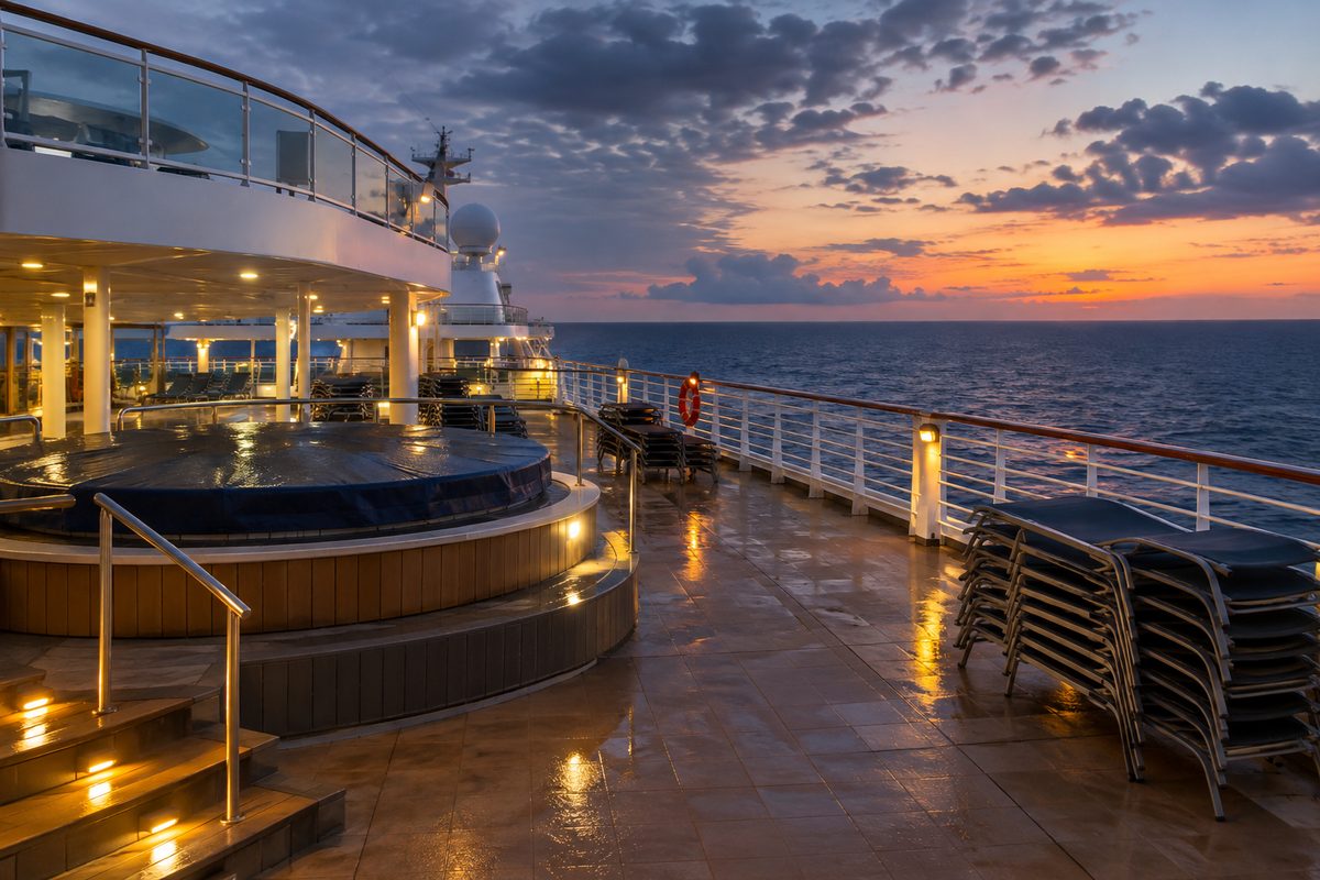 Wide view of an empty cruise ship deck at dusk, with a railing, stacked deck chairs and dark ocean beyond.