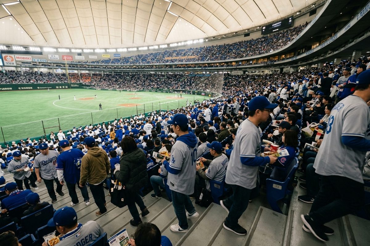 Baseball fans in gray road jerseys walk a stadium concourse.