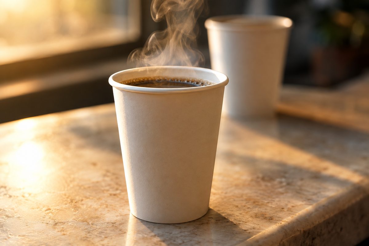 Close-up of steam rising from a plain paper coffee cup on a stone counter in warm afternoon light