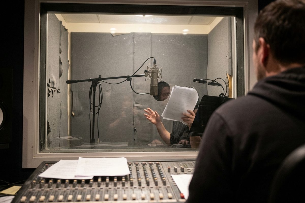 A voice actor's hand holds script pages next to a studio microphone in a recording booth, seen through the control-room glass.