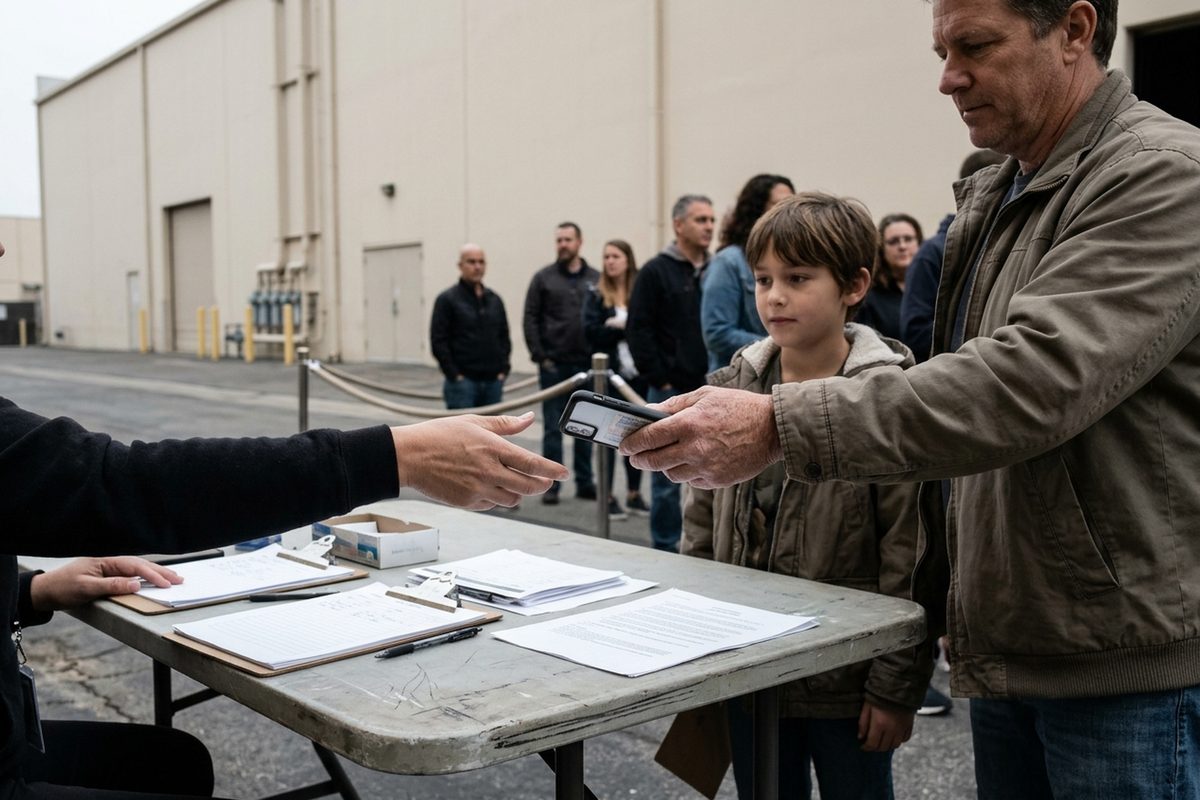 Free TV show taping audience members in Los Angeles hold up phones and IDs at a check-in table outside a soundstage on an overcast morning.