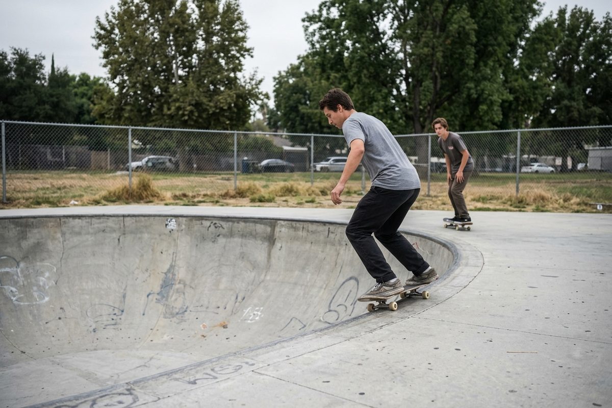 A skateboarder carves along the edge of a concrete bowl at a public skate park in Encino, Los Angeles, on an overcast afternoon.