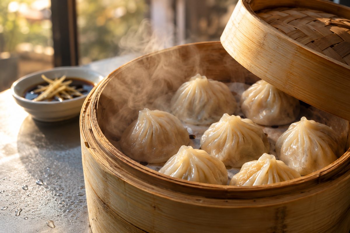 Close-up of soup dumplings resting in a bamboo steamer basket, steam rising from the lid.