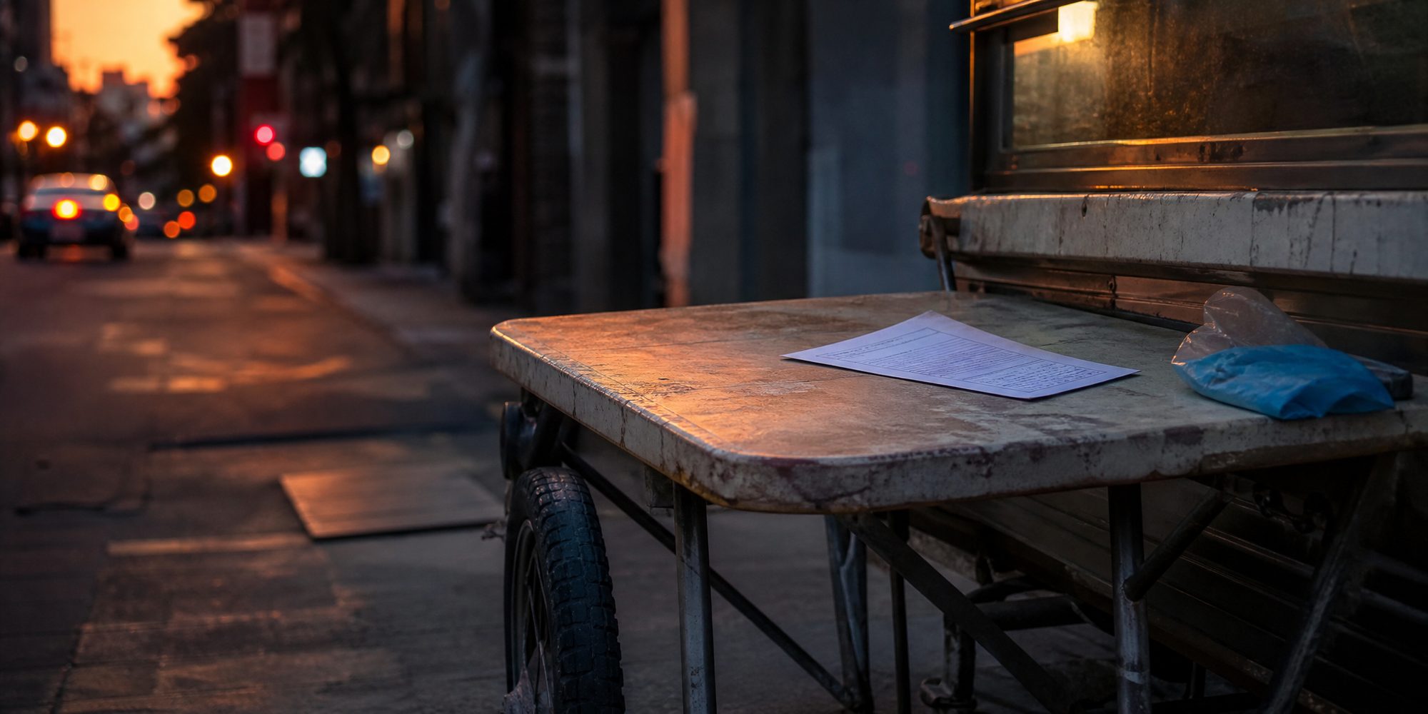 Close-up of a street vendor's folding table and cart wheels on a city sidewalk at dusk, with a paper citation form resting on the table under orange streetlight.