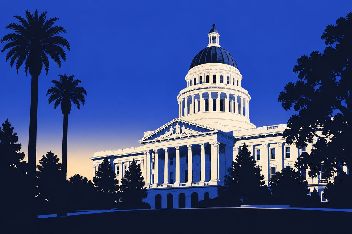 Illustration: Photorealistic editorial illustration of the California State Capitol dome in Sacramento at dusk, seen from the west lawn at a slight upward angle. Faint haze softens the sky, which fades from dim amber near the horizon to deep blue overhead. Warm lamplight on the dome's white stone, palm and oak silhouettes flanking the building. No people, no vehicles, no signage, no text or lettering of any kind. Restrained, documentary lighting; no lens flare, no stock-photo gloss.