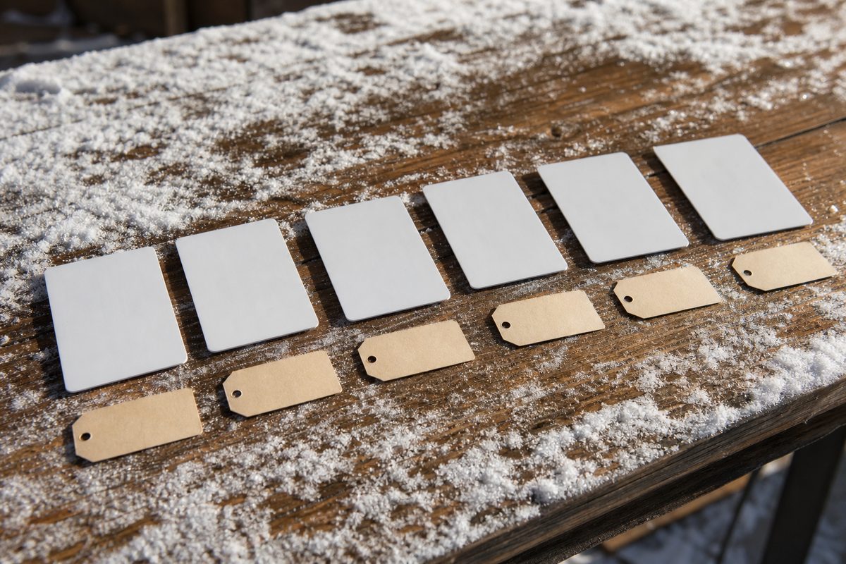 Photo illustration: six blank unbranded season-pass cards laid out in an overhead row on a snow-dusted wooden table, a small handwritten price tag beside each card, hard noon light, no logos, no lettering, no people