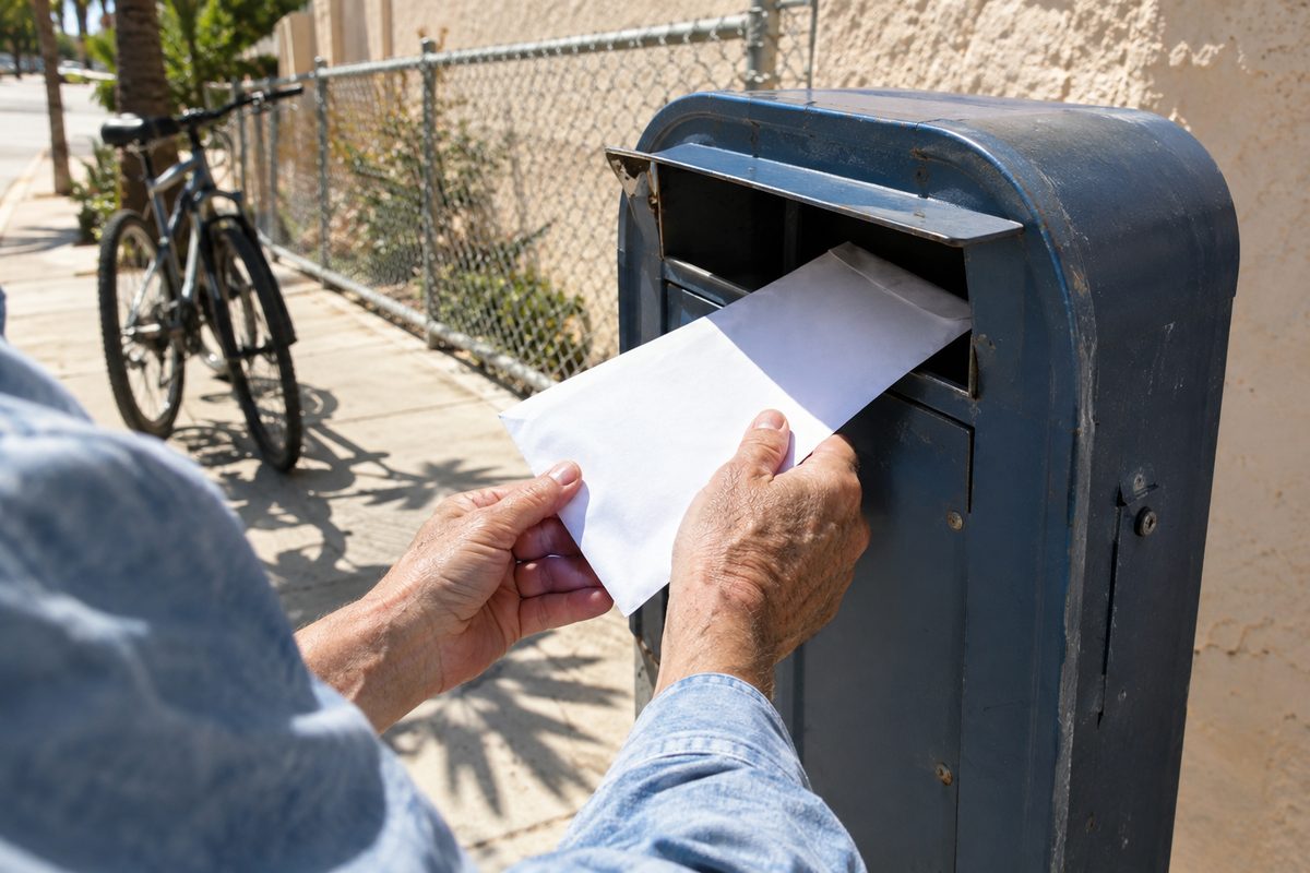 An older person's hands holding a benefits envelope beside a sidewalk mailbox in bright midday sun, with a stucco wall and chain-link fence behind.