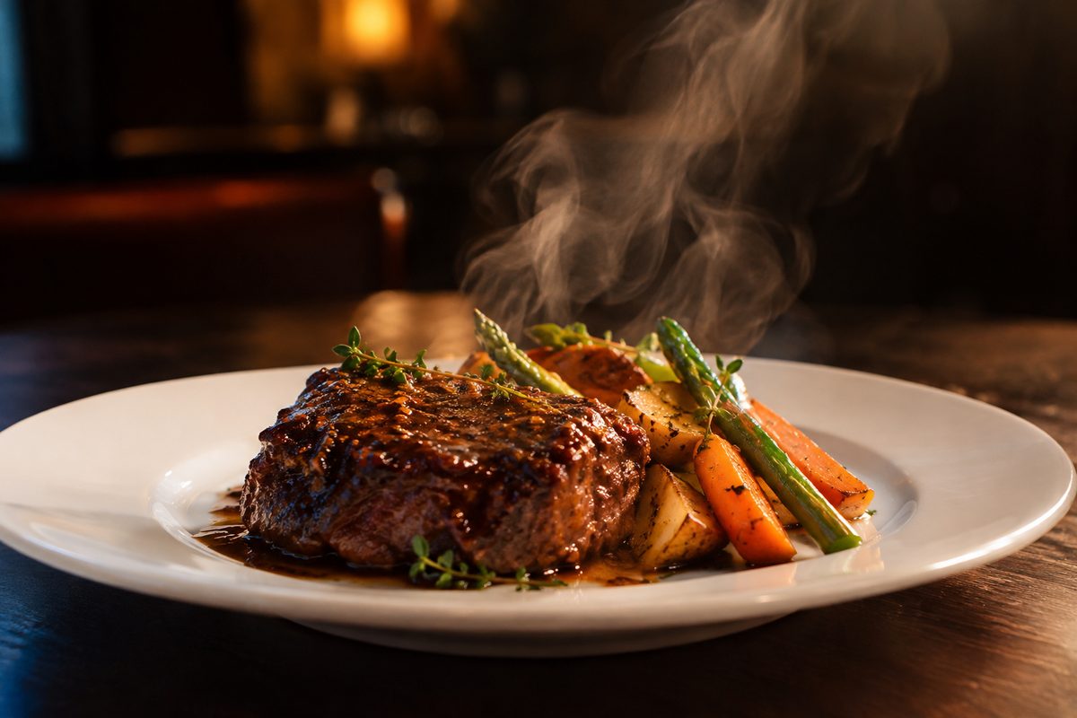 Steam rising off a plated dish on an unbranded white plate in a dark dining room.