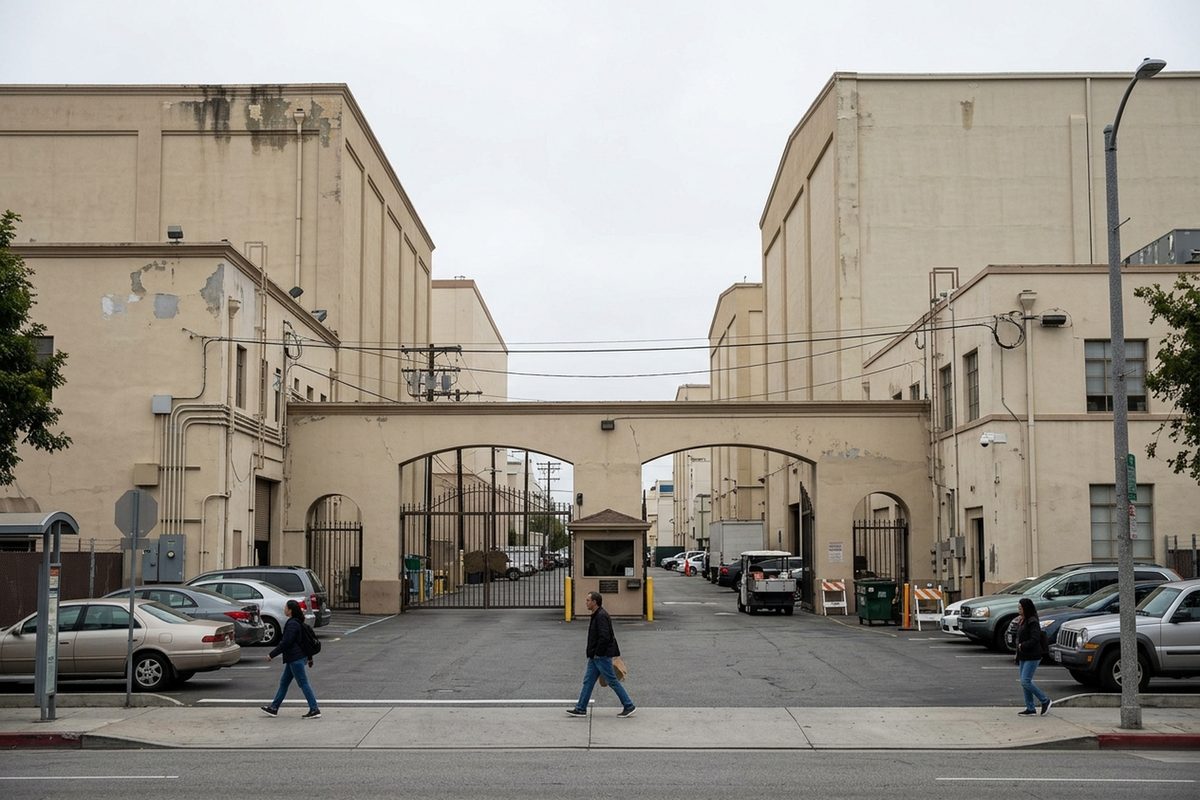 A movie studio lot's gate and soundstages on Washington Boulevard in Culver City in flat daylight, with a few people walking past.