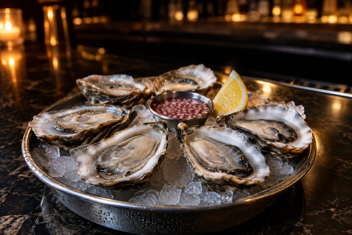 Close-up of shucked oysters on crushed ice on a dark bar counter, lit from behind.