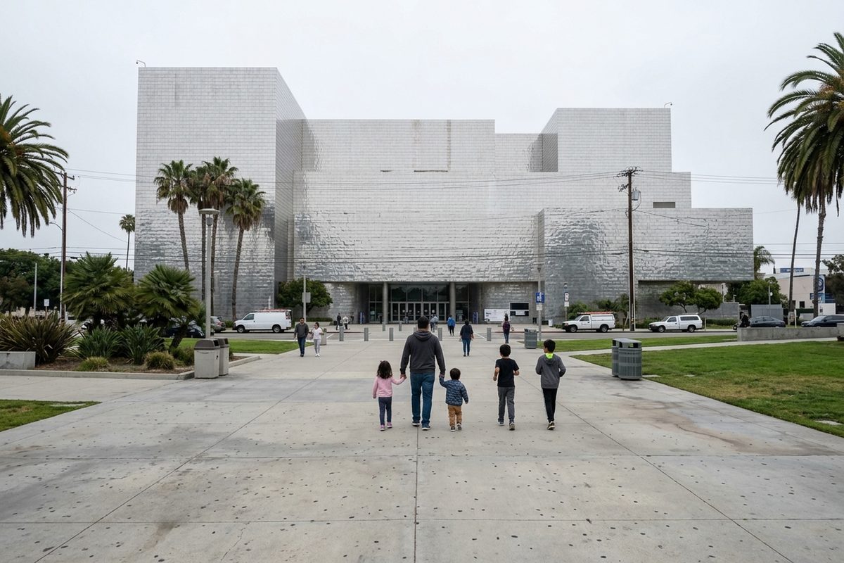 Families walk across a museum plaza toward a large modern building on an overcast morning.