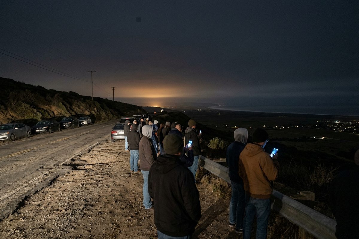 People standing on a dark hillside road above Lompoc after midnight, looking west toward Vandenberg Space Force Base for a SpaceX Falcon 9 launch.