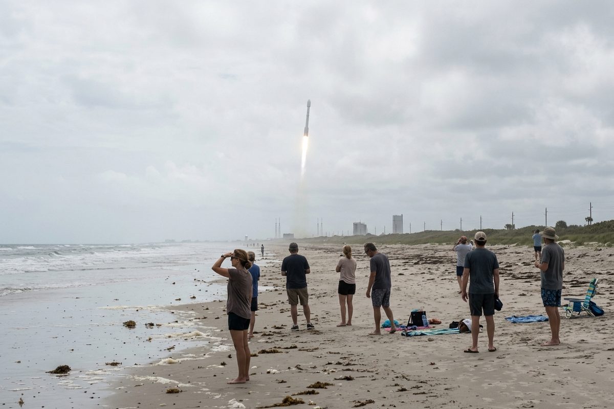 A white two-stage rocket rising from a coastal launch pad at Cape Canaveral, seen from a distant beach under an overcast sky, a few small onlookers on the sand.