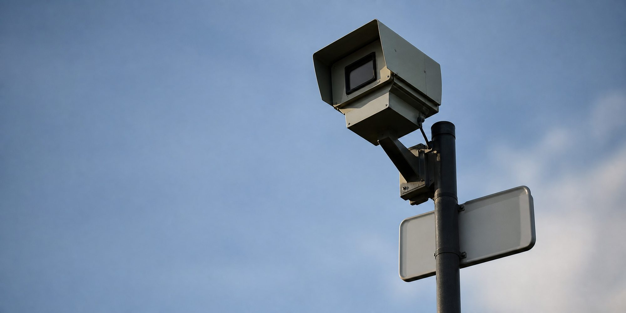 Photo illustration: stylized photographic still life, muted daylight — an unbranded roadside pole-mounted enforcement camera housing seen from below against flat sky, a blank rectangular sign plate beside it, no readable type, no plates, no people, no named streets