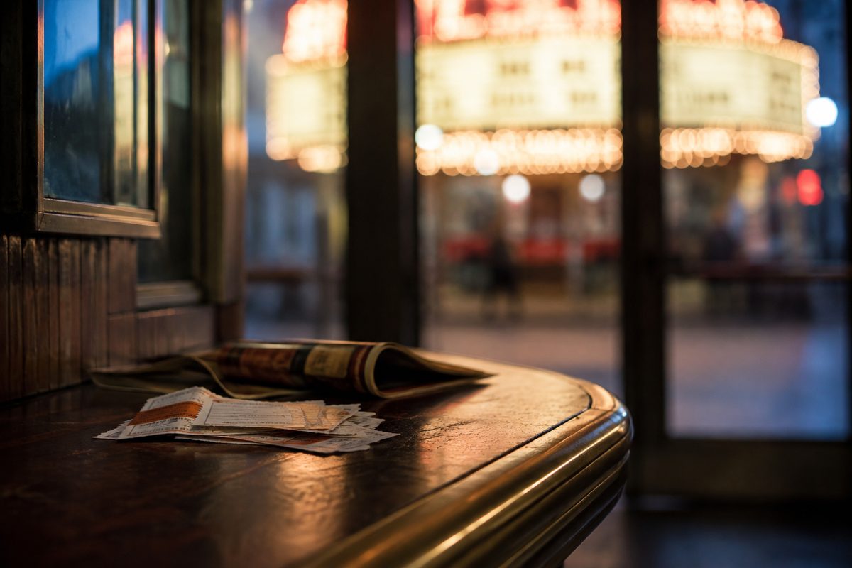 Close-up of torn paper movie ticket stubs on a theater lobby counter, blurred marquee light behind at dusk.