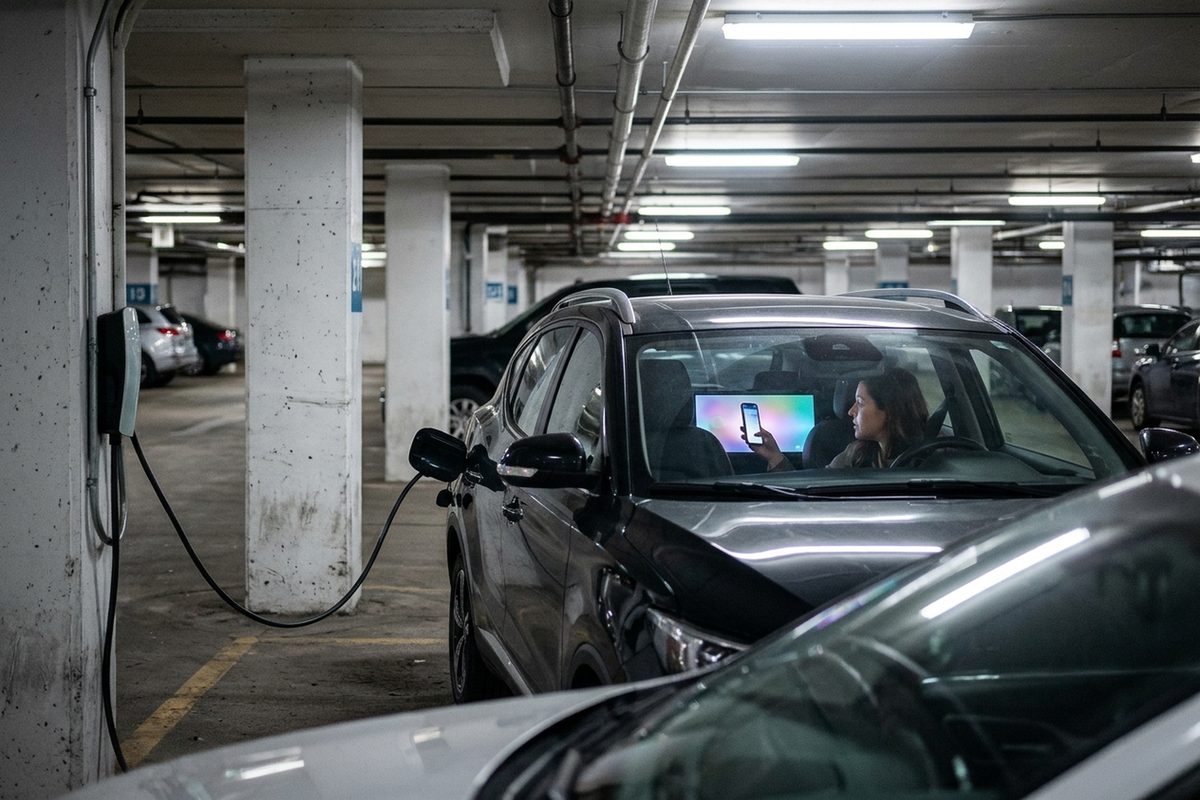 Through a windshield, a front-seat passenger in a parked car holds up a phone toward the glowing center dashboard screen in a fluorescent-lit parking garage.