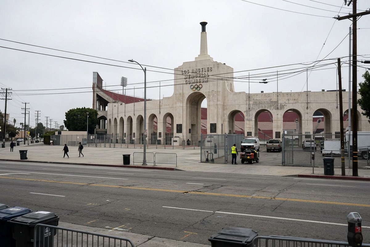 The peristyle arches of the Los Angeles Memorial Coliseum in Exposition Park on an overcast afternoon, with people walking past on the plaza.