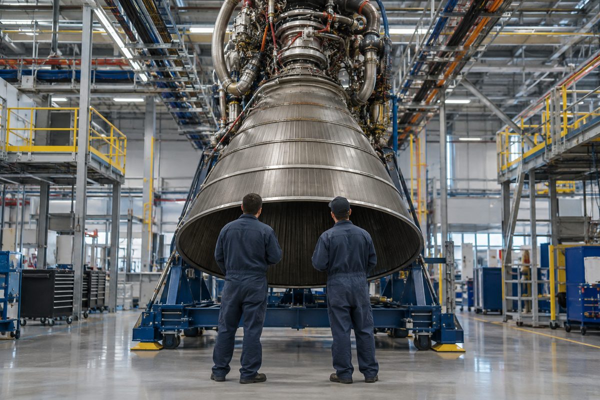 A large rocket engine bell on a factory floor under fluorescent light, with workers seen from behind.
