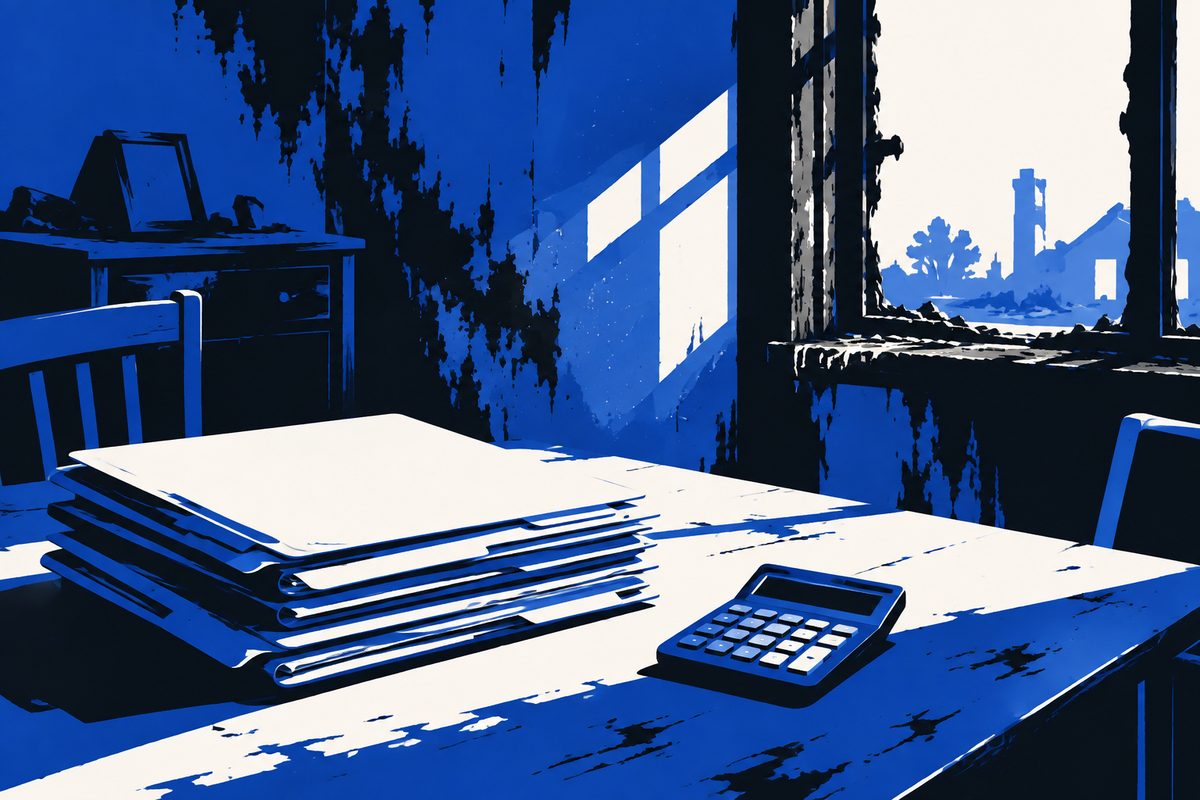 Illustration: Photorealistic editorial illustration: a stack of manila insurance claim folders and a small desk calculator on a worn kitchen table inside a fire-damaged home. Soot-streaked walls, a scorched window frame, warm afternoon light angling across the table and catching dust in the air. No legible text on any folder, label or calculator display. Quiet, documentary framing, natural color, shallow depth of field, no people, no clip-art or generic stock look.