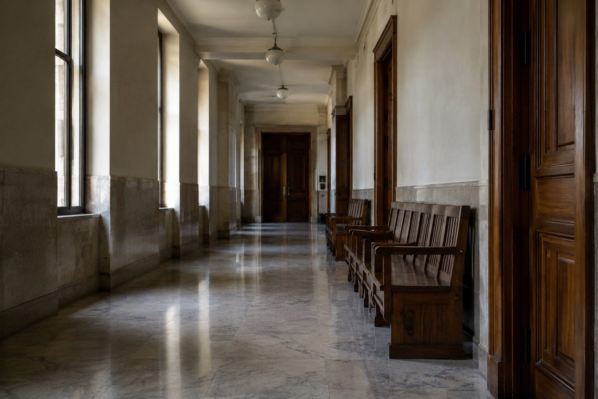 An empty marble corridor outside courtrooms, with wooden doors and benches along one wall.