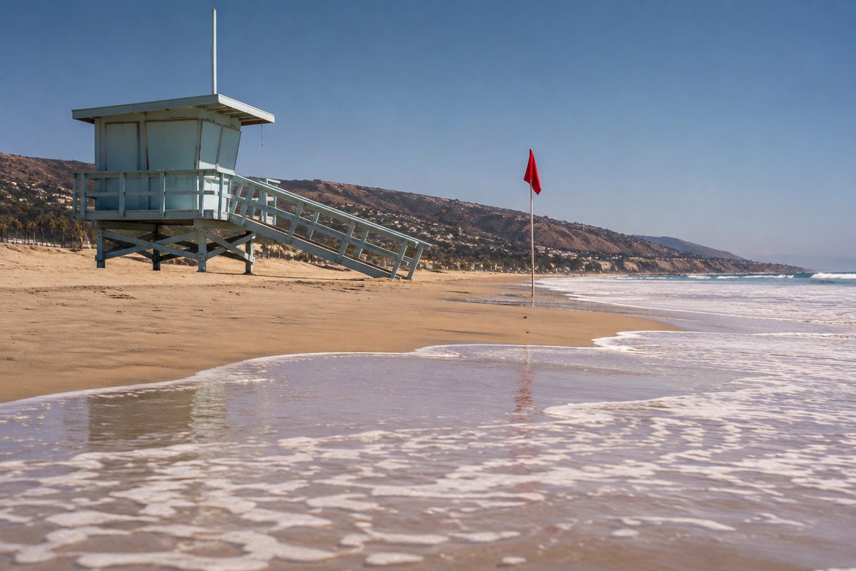 Photo illustration: A lifeguard tower and a warning flag on a wide Los Angeles County beach at low tide, wet sand and shallow surf in the foreground, hard noon light, eye-level, no identifiable people