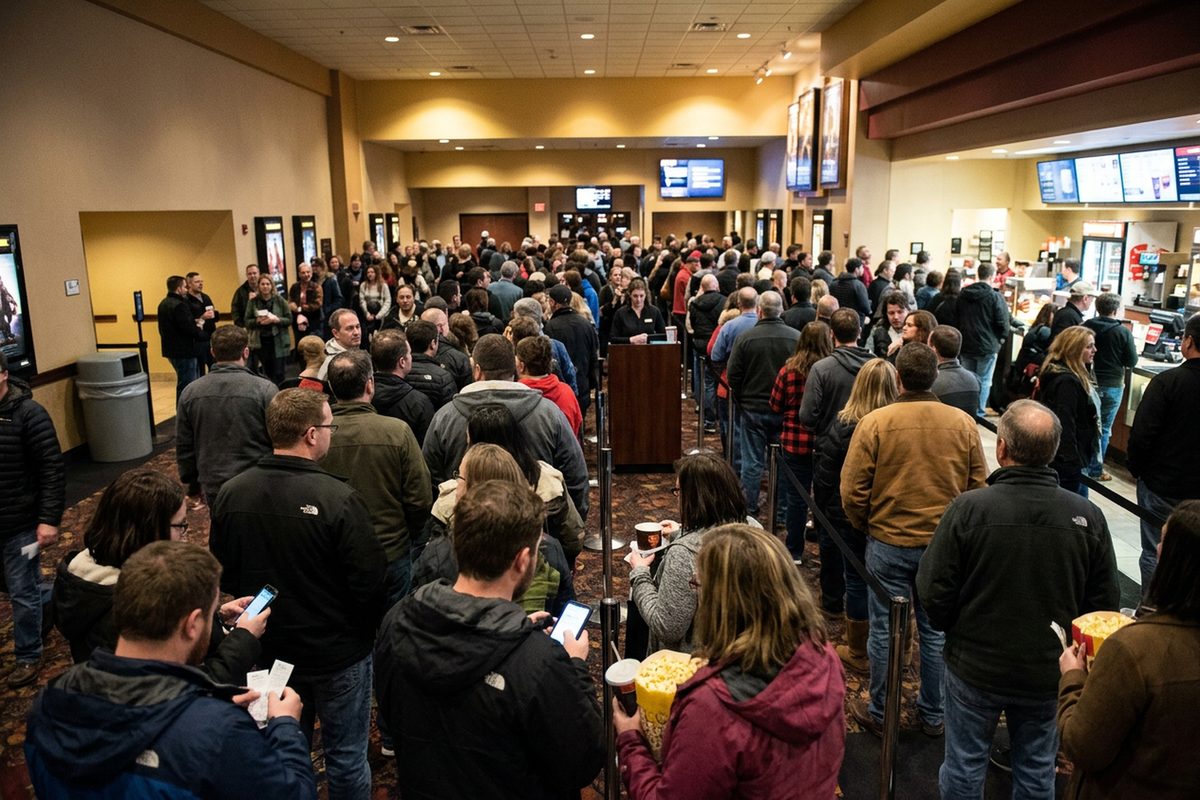 Moviegoers wait in line in a warmly lit theater lobby for a sold-out evening screening of the Elizabeth Holmes documentary.