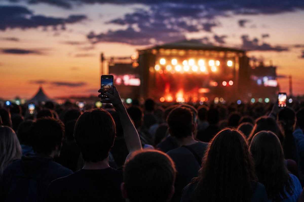 An anonymous crowd seen from behind at an outdoor concert at dusk, arms and phones raised toward a lit stage