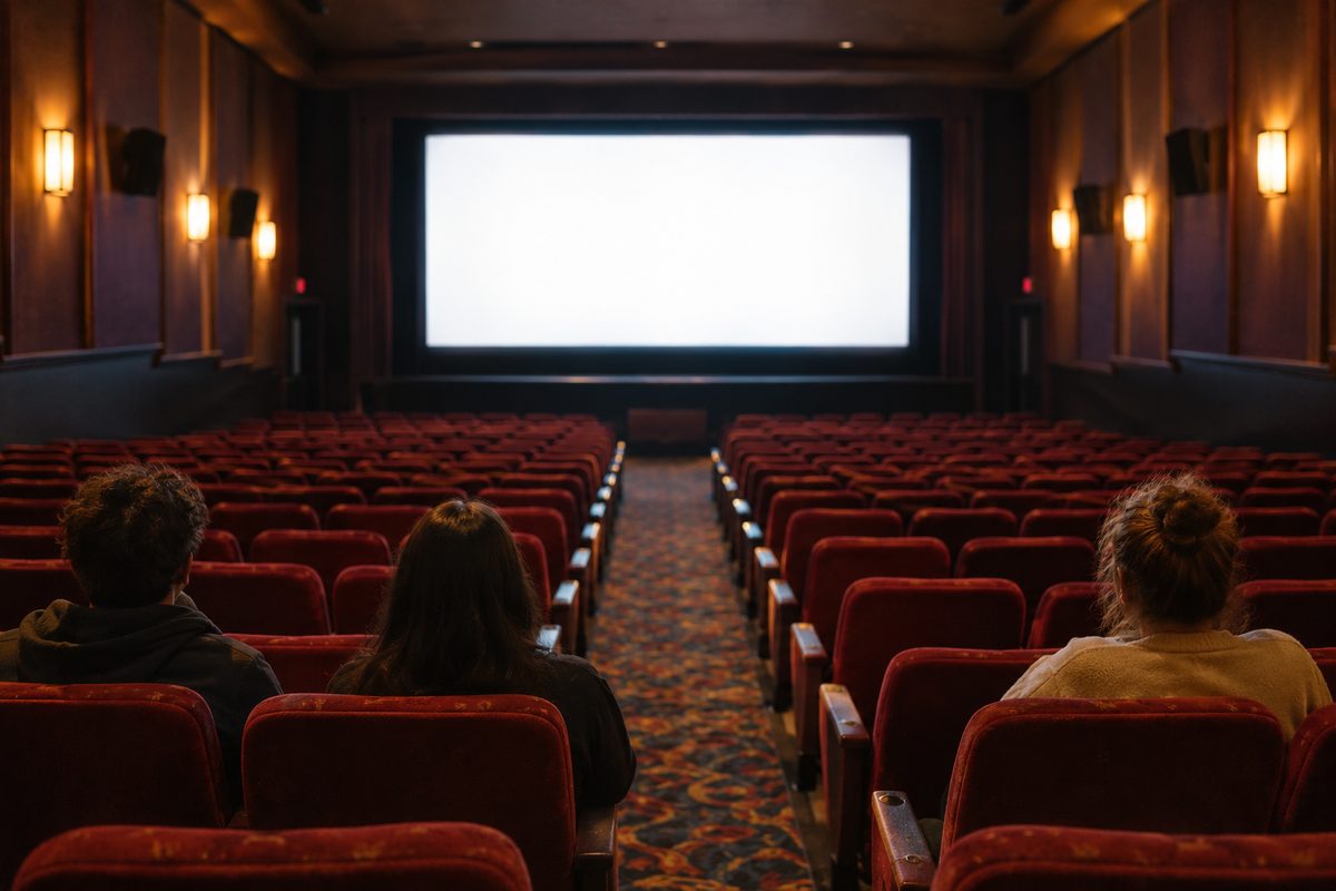 A multiplex auditorium seen head-on, rows of empty red seats lit by warm wall sconces, a few people seated near the front with their backs to the camera.