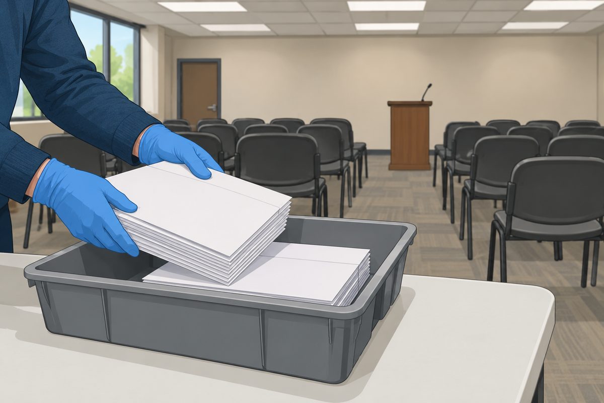 Gloved hands sliding blank unmarked envelopes into a plastic sorting tray, with rows of empty chairs in a fluorescent-lit civic room behind.