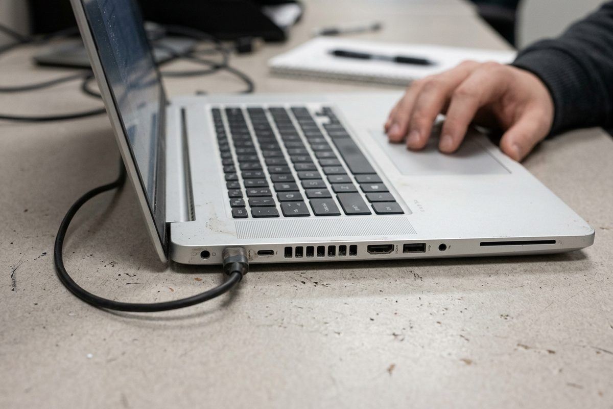 Close view of an unbranded laptop's side vents and ports on an office desk under fluorescent light, a hand resting on the trackpad.