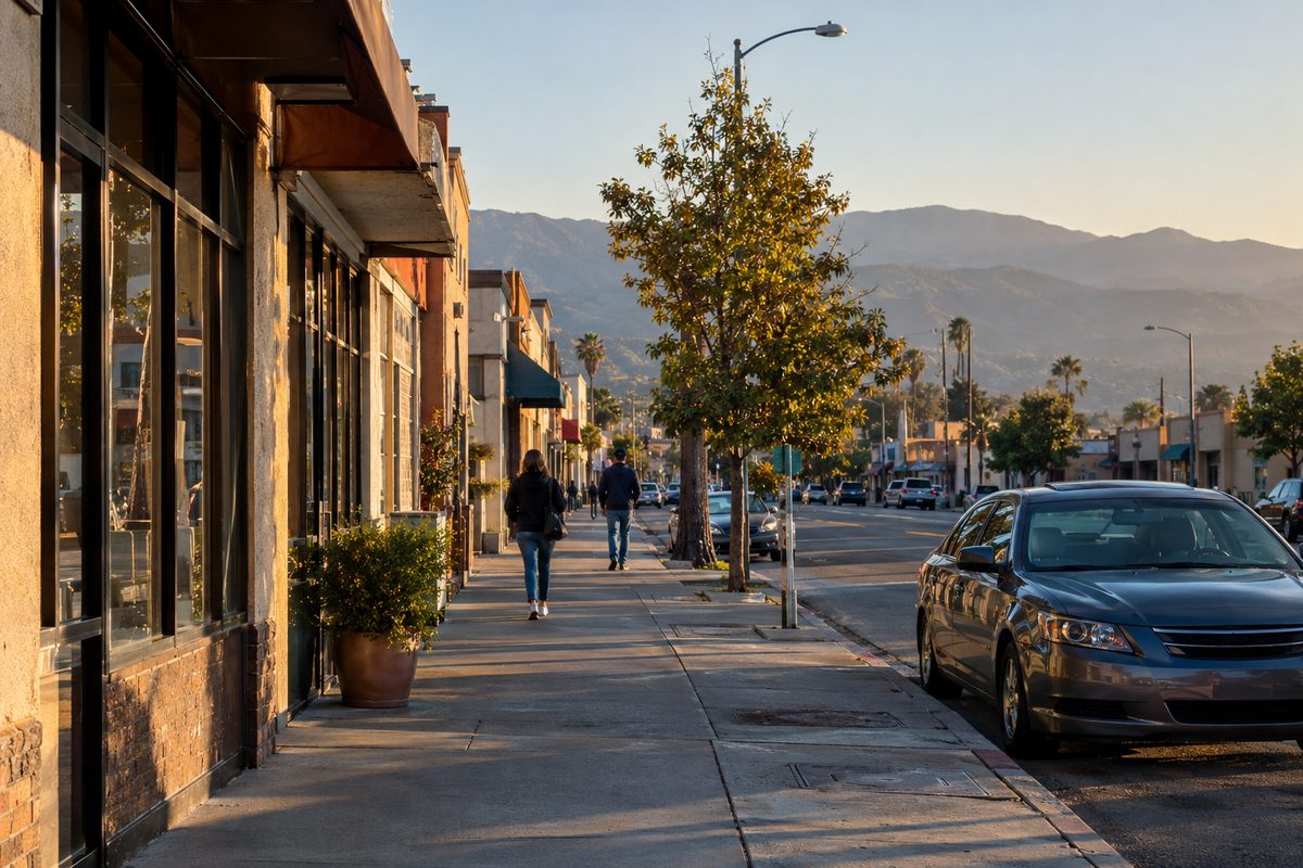 A sidewalk along Roxford Street in Sylmar in the late afternoon, with people walking past a row of small storefronts.