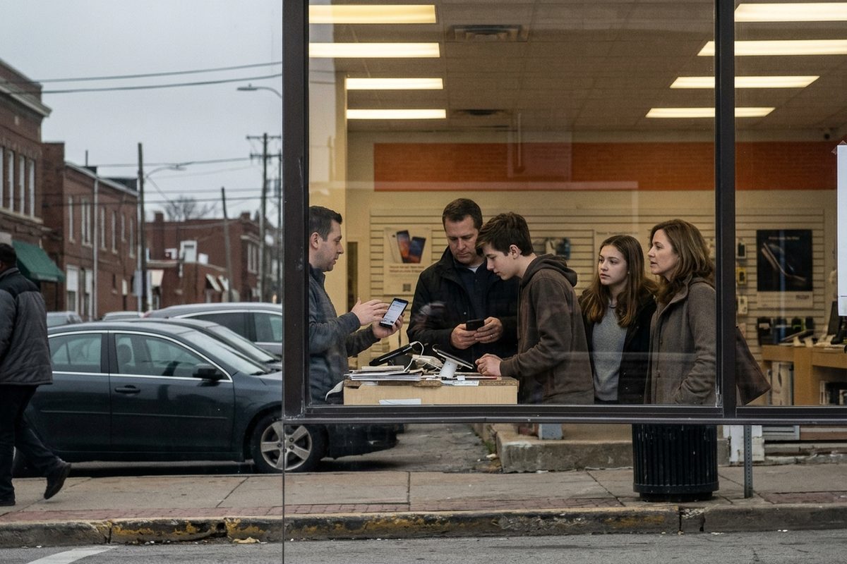 Seen through a store window from across the street, a family of four at a phone store counter listens to a clerk holding up a smartphone, the scene for anyone weighing T-Mobile T-Mix plans.