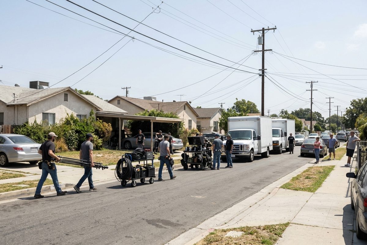A film crew with equipment trucks and light stands working a location shoot on a Los Angeles residential street in daylight