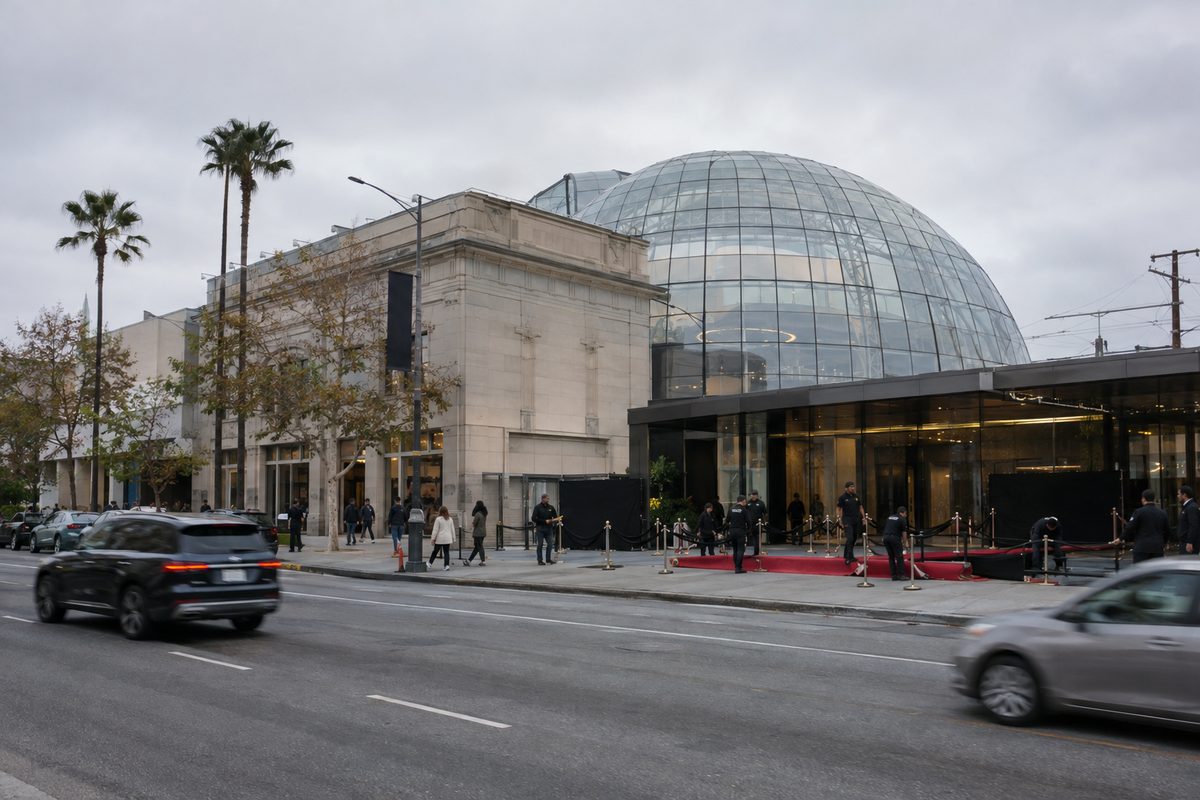 The Academy Museum of Motion Pictures on Wilshire Boulevard in Los Angeles on an overcast afternoon, with crew setting up for the Academy Museum gala and people walking past on the sidewalk.
